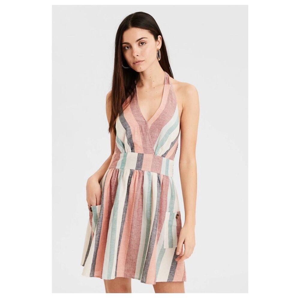 American Eagle MultiColored Stripe Serape Halter Mini Sundress Linen Size Large